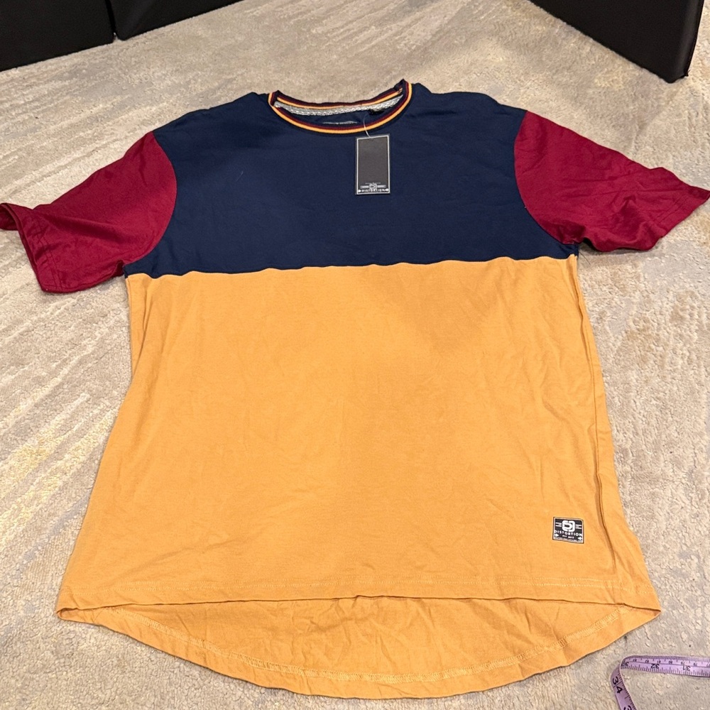Distortion Clothing Shirt Burgundy Navy Yellow Tee size L new color block